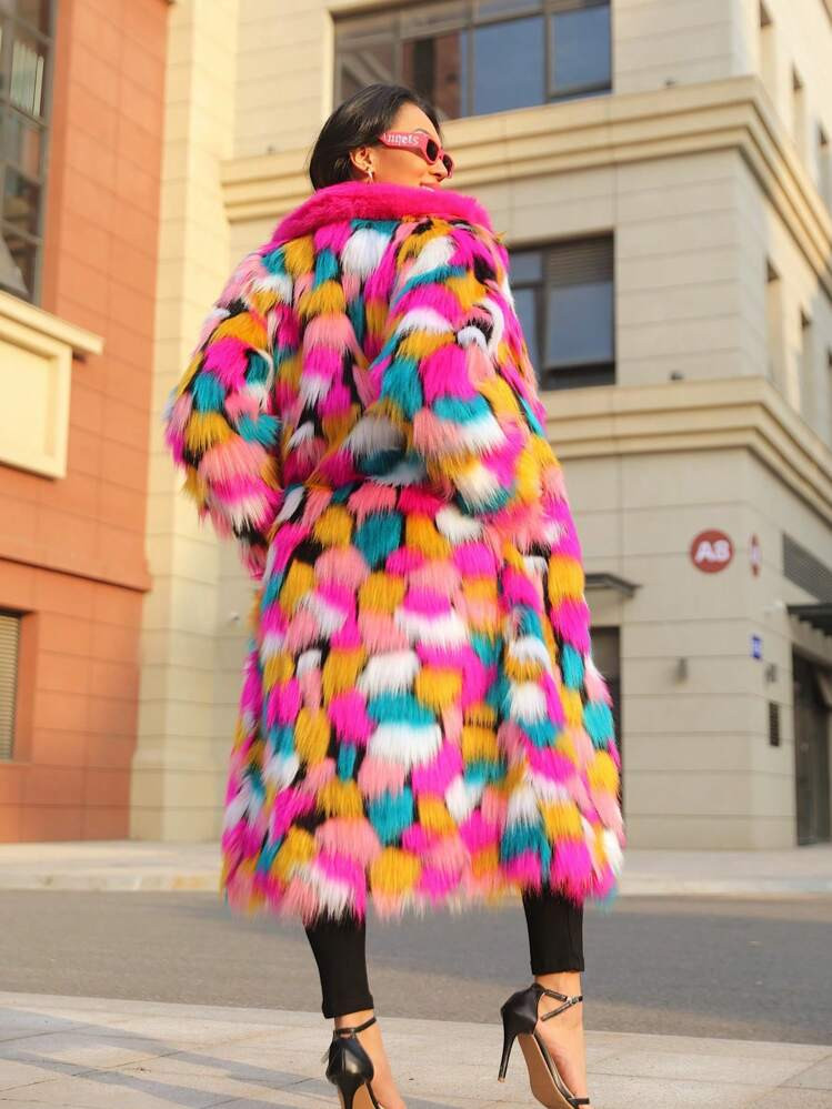 Statement Women's Faux Fur Midi Coat With Collar Long Sleeves And Pockets In Fun Colorful Design ... | SHEIN