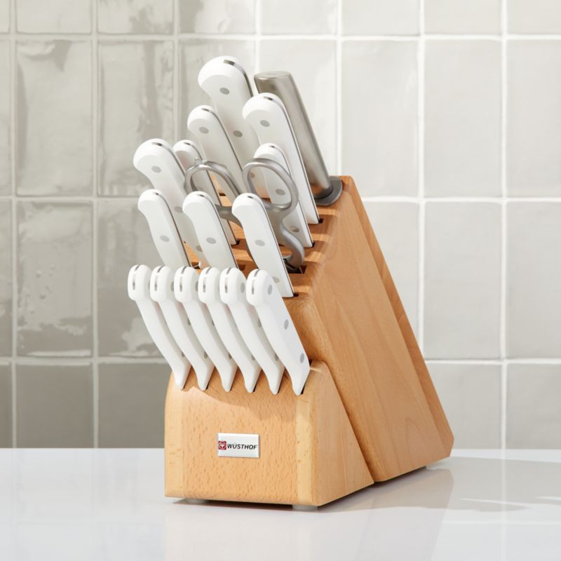 Wusthof ® Gourmet White 18-Piece Knife Set with Natural Wood Block. | Crate & Barrel