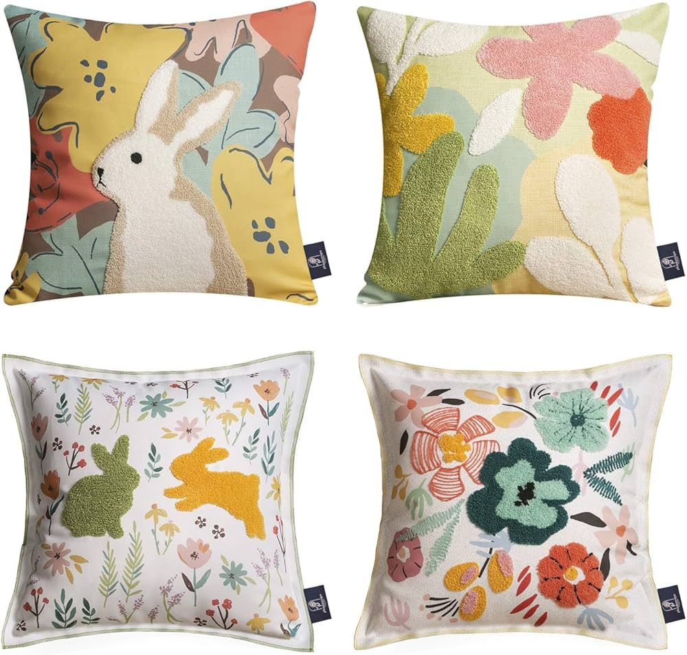 Phantoscope Pack of 4 Happy Easter Throw Pillow Case Cushion Cover Colorful Flower and Rabbits 18 x 18 inches 45 x 45 cm | Amazon (US)