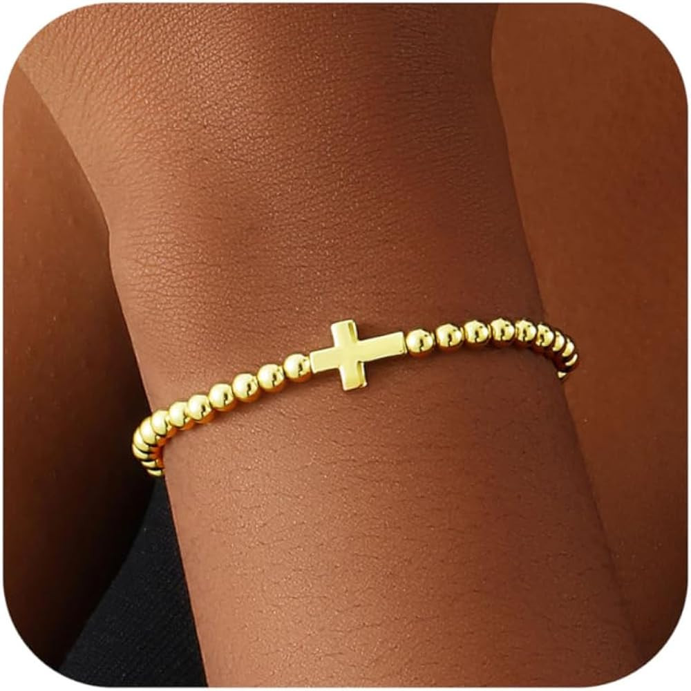 Gold Bracelets for Women 14K Gold Plated Beaded Bracelets Gold Stretch Bead Bracelet Handmade Bal... | Amazon (US)