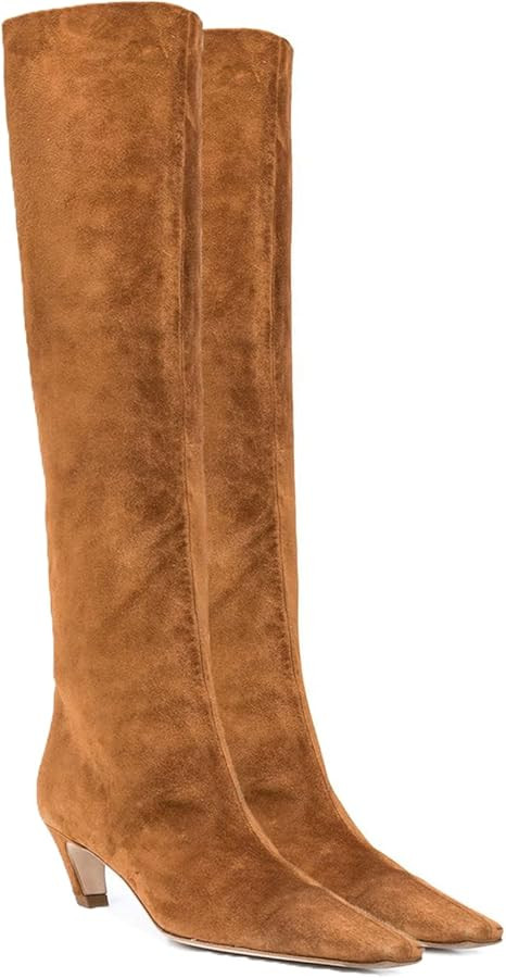 MOOMMO Women Kitten Heel Over Knee High Boots Square Toe Matte Leather Pull On Wide Calf Pleated ... | Amazon (US)