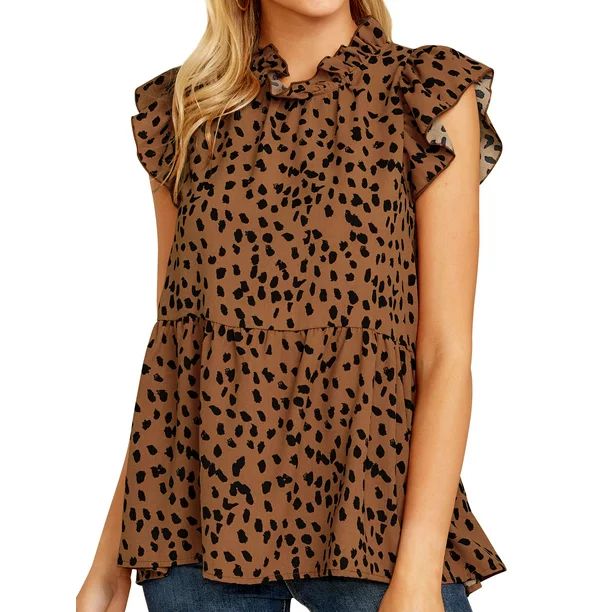 Women Ruffled Sleeve Button Closure Polka Dots Printed Pleated Shirt | Walmart (US)