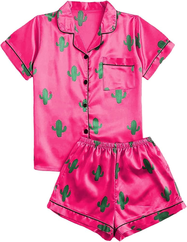 Remidoo Women's Short Sleeve Button Down Satin 2 Piece Pajama Set Sleepwear | Amazon (US)