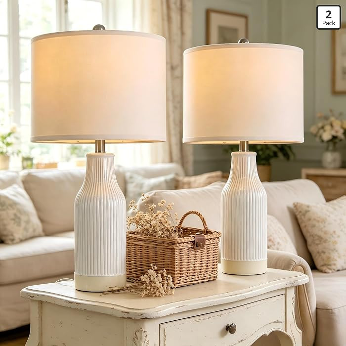 USumkky 23.75 inches Modern Ceramic Table Lamp Set of 2 for Living Room, Farmhouse Bedside Nights... | Amazon (US)