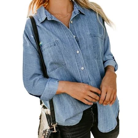 Blibea Denim Shirt for Womens Long Sleeve Button Down Shirts Blouse with Pocket | Walmart (US)