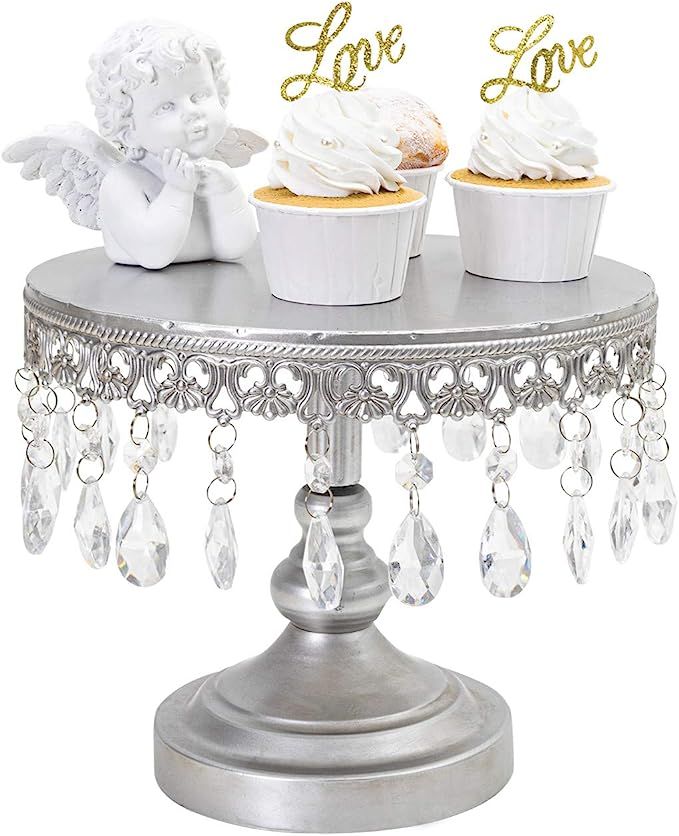 Silver Cake Round Stand 10 Inch with Crystal Bling Pendants, Dessert Cupcake Display Metal Stand ... | Amazon (US)