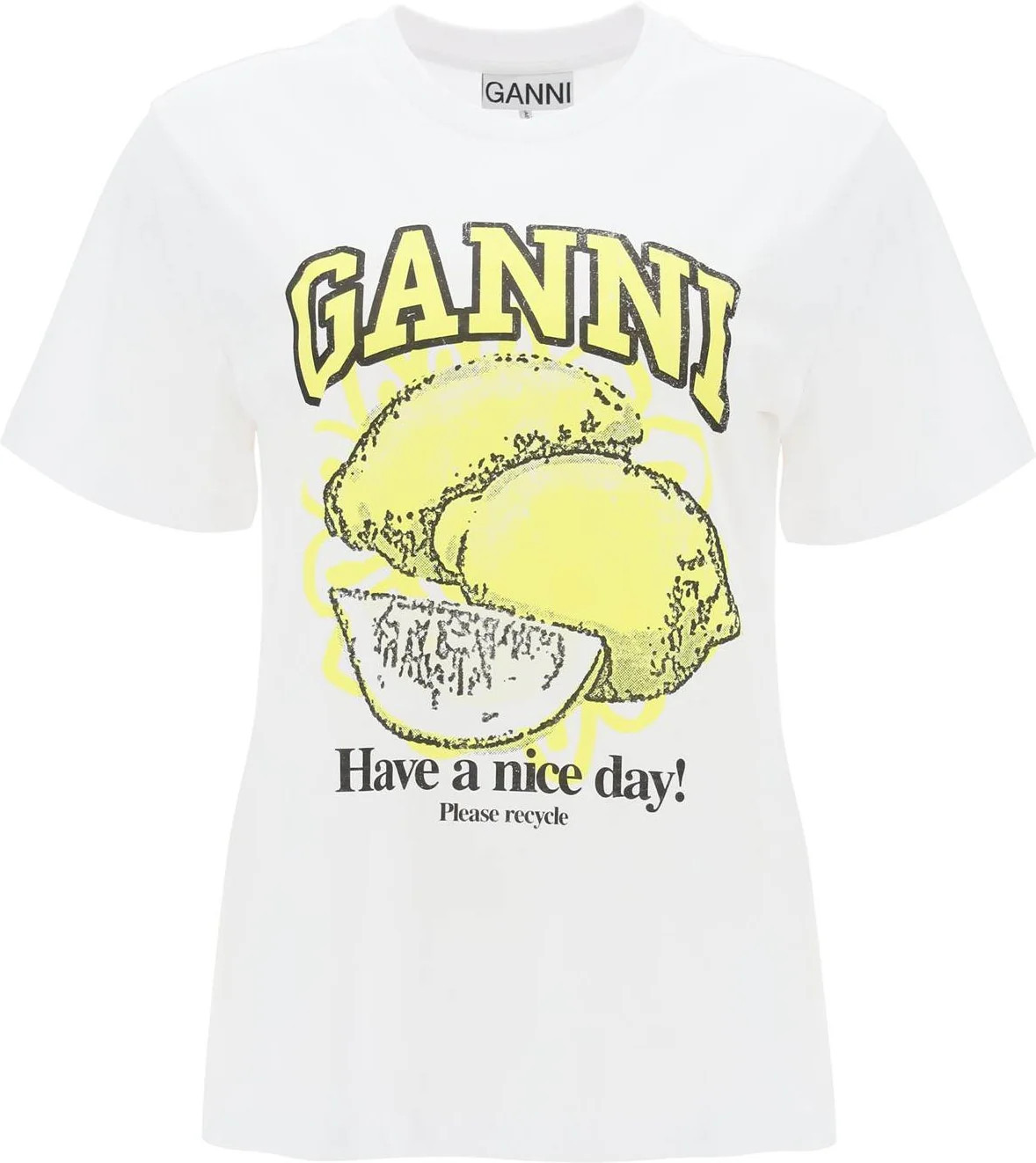 Ganni Women's Printed Cotton T-Shirt in White | Size Large | T3768 | LOZURI
