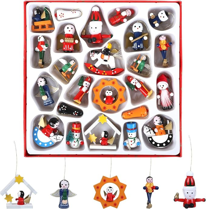 Amazon.com: Naler Advent Calendar Wooden Ornaments, 24 Pieces Mini Wooden Figures Haning Ornament... | Amazon (US)