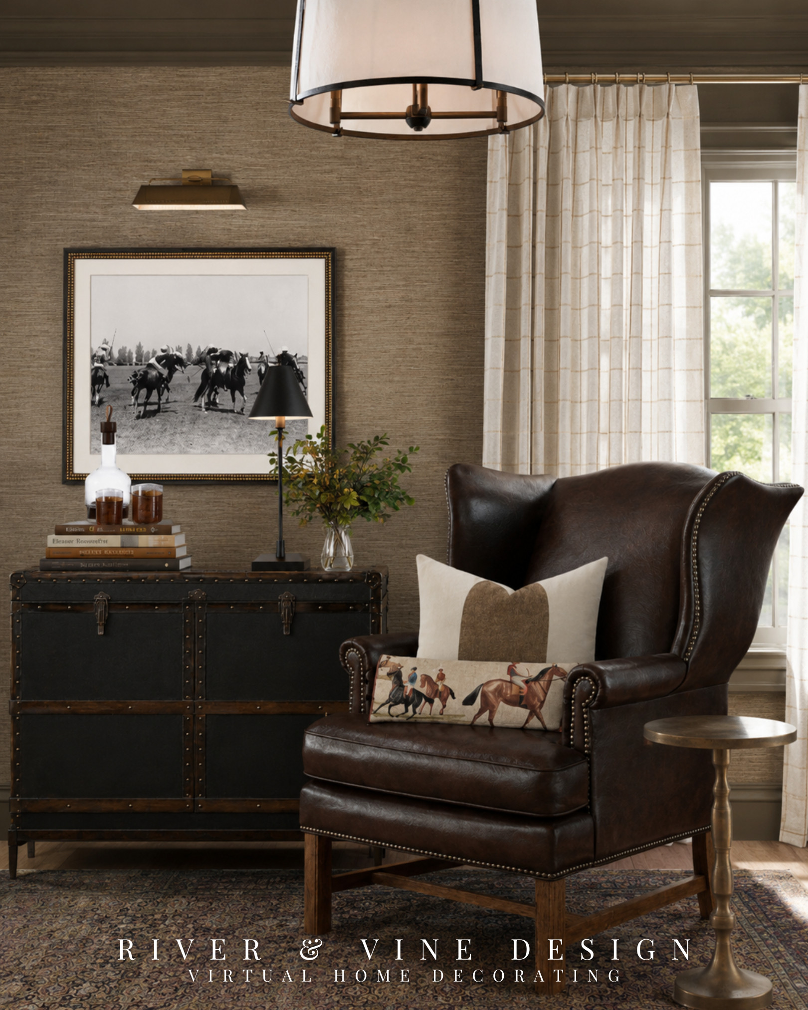 An empty corner becomes useful when every piece supports one purpose.

For a comfortable reading nook, begin with a substantial wingback chair, add a small drink table within reach, and use layered lighting instead of relying on the ceiling fixture alone. Grasscloth wallpaper, a traditional rug, framed polo photography, and a trunk-style cabinet give the corner depth without requiring much floor space.

This formula works especially well in a home office, bedroom, living room, or unused corner near a window. Save it for a space that currently feels awkward or incomplete.

Affiliate links may earn me a commission at no additional cost to you.

#LTKHome