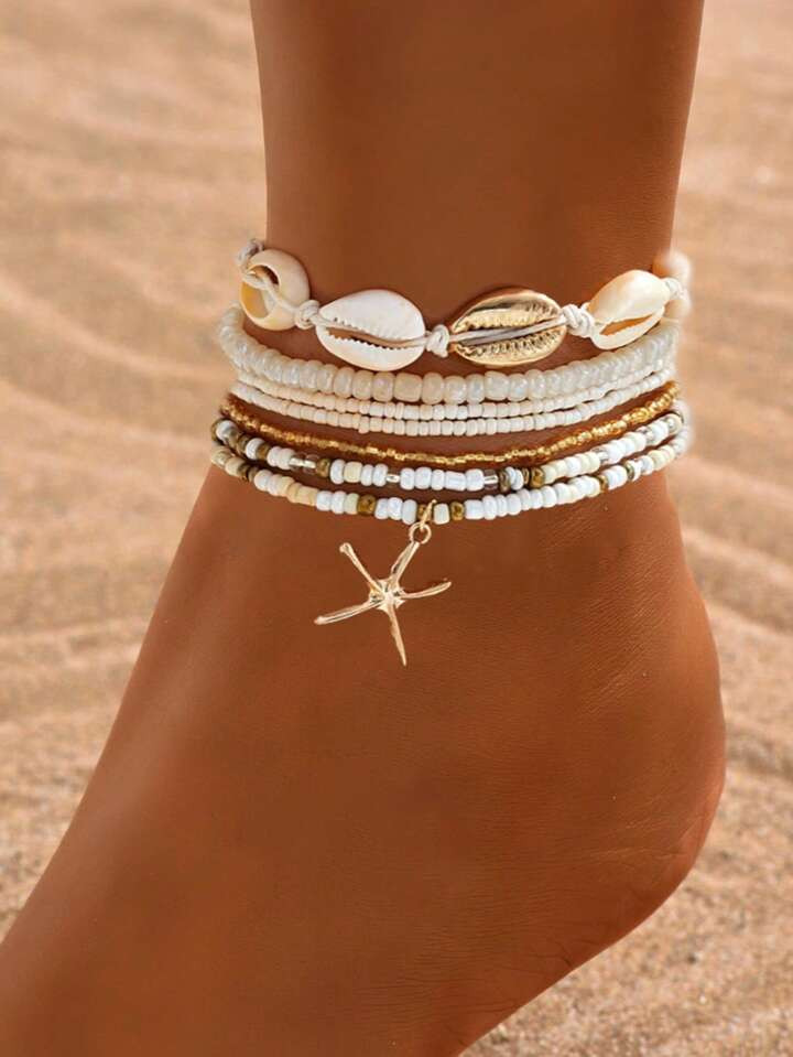 7 Piece Bohemian Style Pearl, Shell, Starfish Design Women Anklet Set, Suitable For Beach, Vacation, Party Wear | SHEIN