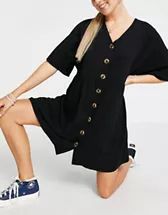 ASOS DESIGN button through mini smock dress with pockets in black | ASOS (Global)