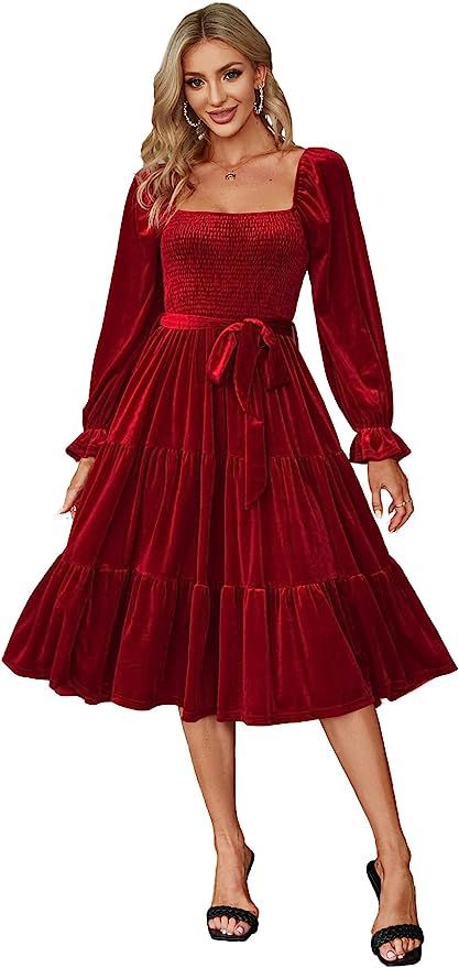 Amegoya Women's Boho Flowy Long Sleeve Square Neck Maxi Dress Fall Wedding Guest Dresses | Amazon (US)