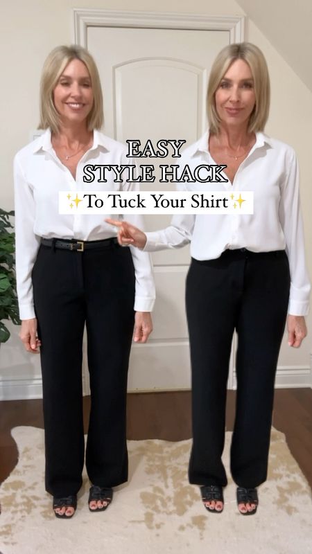 STYLE HACK TO TUCK YOUR SHIRT 
✨ This is a simple way to tuck your shirt and eliminate bulk and extra fabric at the waistline.
⭐️ Simply take one side of the hem in each hand. Cross the bottom hem over and then the top hem. Then just tuck and adjust. It’s so easy and makes such a big difference!
✨Have you tried this fashion hack before?

Amazon fashion, style tip, over 40, over 50, spring outfit, summer outfit, fashion tips, what to wear, button down top, office outfit, workwear, looks for less, how to style

#LTKVideo #LTKover40 #LTKstyletip