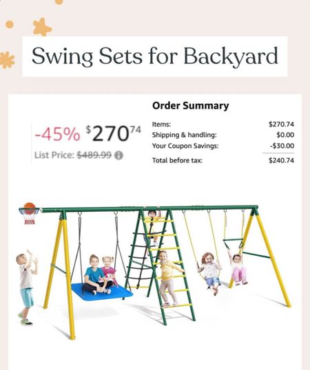 Backyard swing set on sale #summerfinds #swingset #backyardfinds #outdoor #amazon #amazonfinds

#LTKFamily #LTKSaleAlert #LTKHome