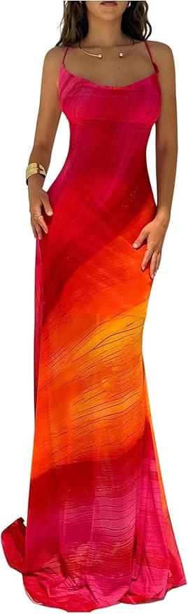 SHENHE Women's Sunset Ombre Maxi Dress Criss Cross Backless Beach Vacation Mesh Fishtail Dress | Amazon (US)