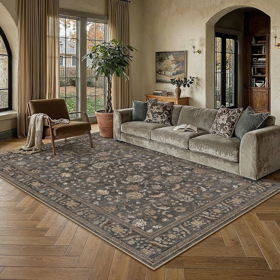PureCozy 5x7 Washable Living Room Area Rug Brown Blue Vintage Low Pile Carpet Non Slip Soft Distr... | Amazon (US)