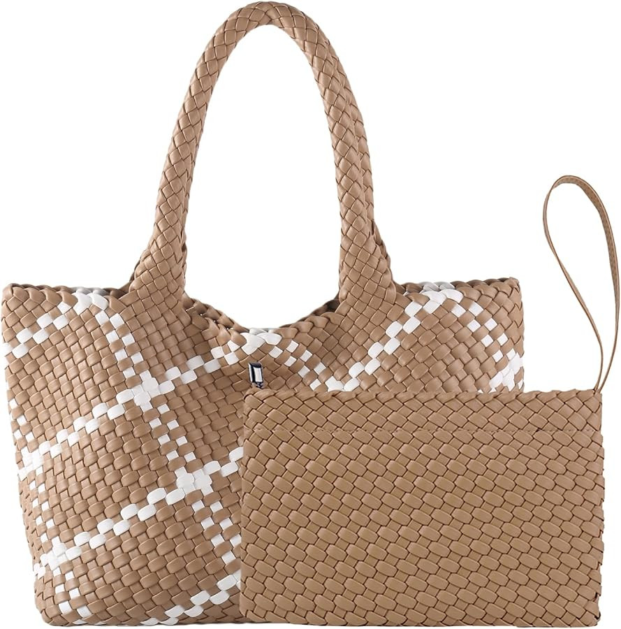 Woven Handbag Two Tone Tote Bag Vegan Leather Purse | Amazon (US)