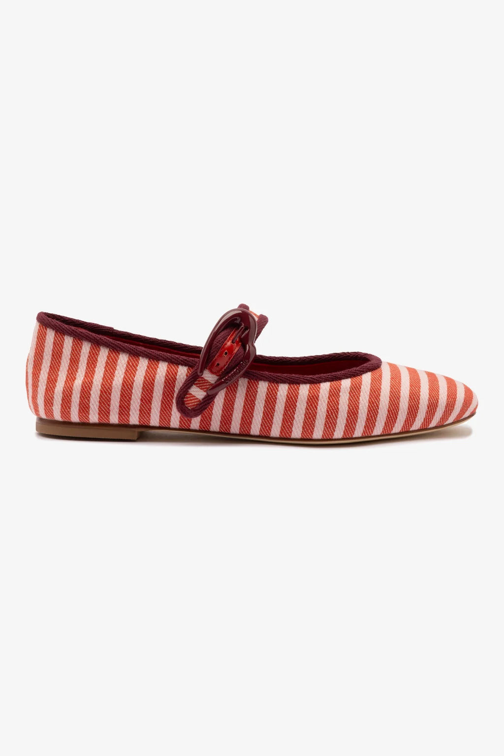Verona Ballet Flat In Tulip and Carmine Striped Fabric and Burgundy Trimming | Larroude