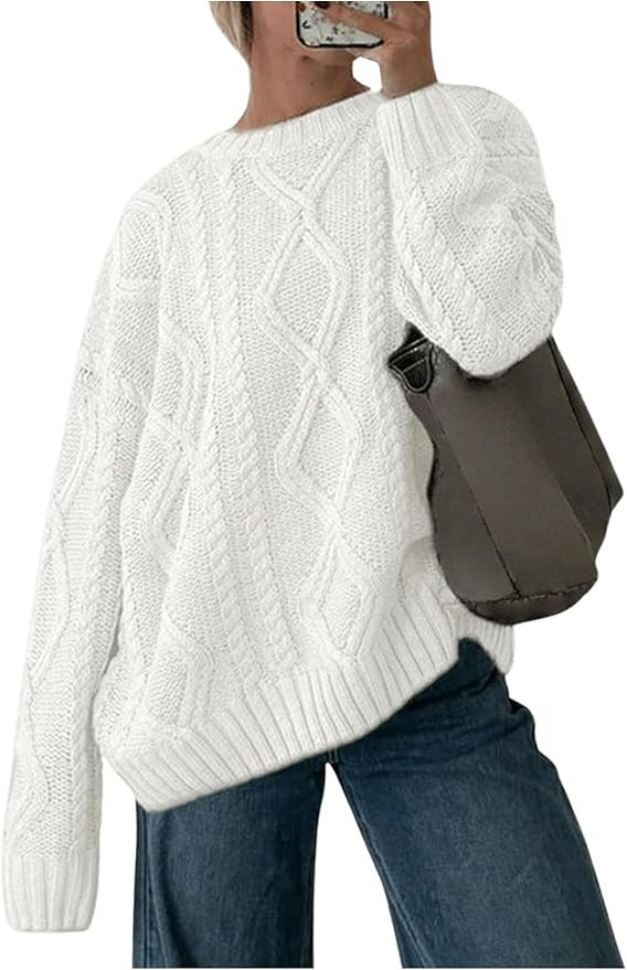 Women's Cable Knit Sweaters Long Sleeve Crewneck Drop Shoulder Pullover Tops Trendy Fall Outfits | Amazon (US)
