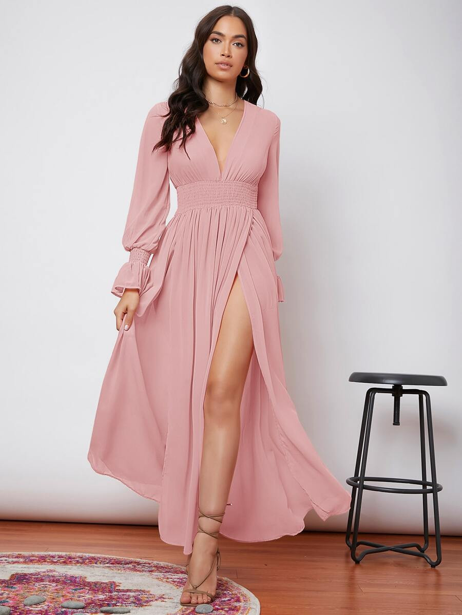 SHEIN Flounce Sleeve Shirred Waist Wrap Hem Dress | SHEIN