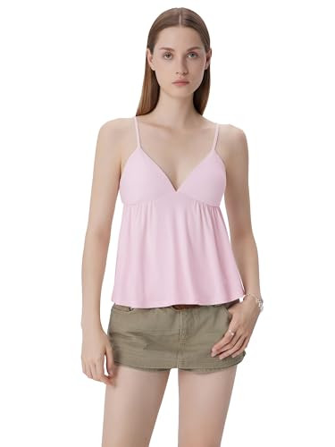SUUKSESS Women V Neck Babydoll Tank Tops with Built in Bra Summer Cute Peplum Cami Going Out Tops(Pink L) | Amazon (US)