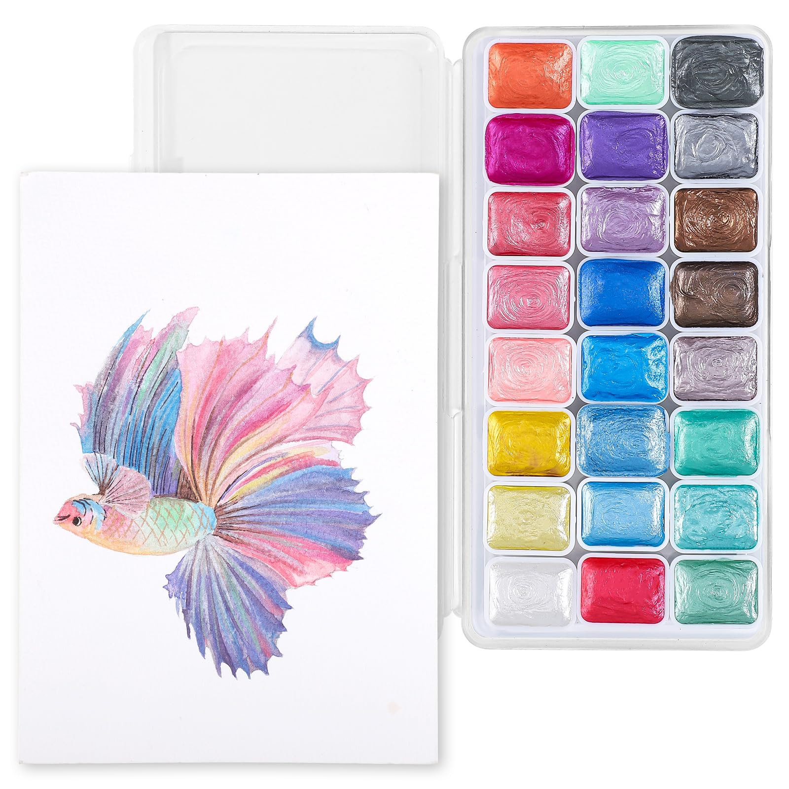 Prudiut Mini Metallic Watercolor Paint Set, 24 Colors Glitter Watercolor Paint with Watercolor Pa... | Amazon (US)