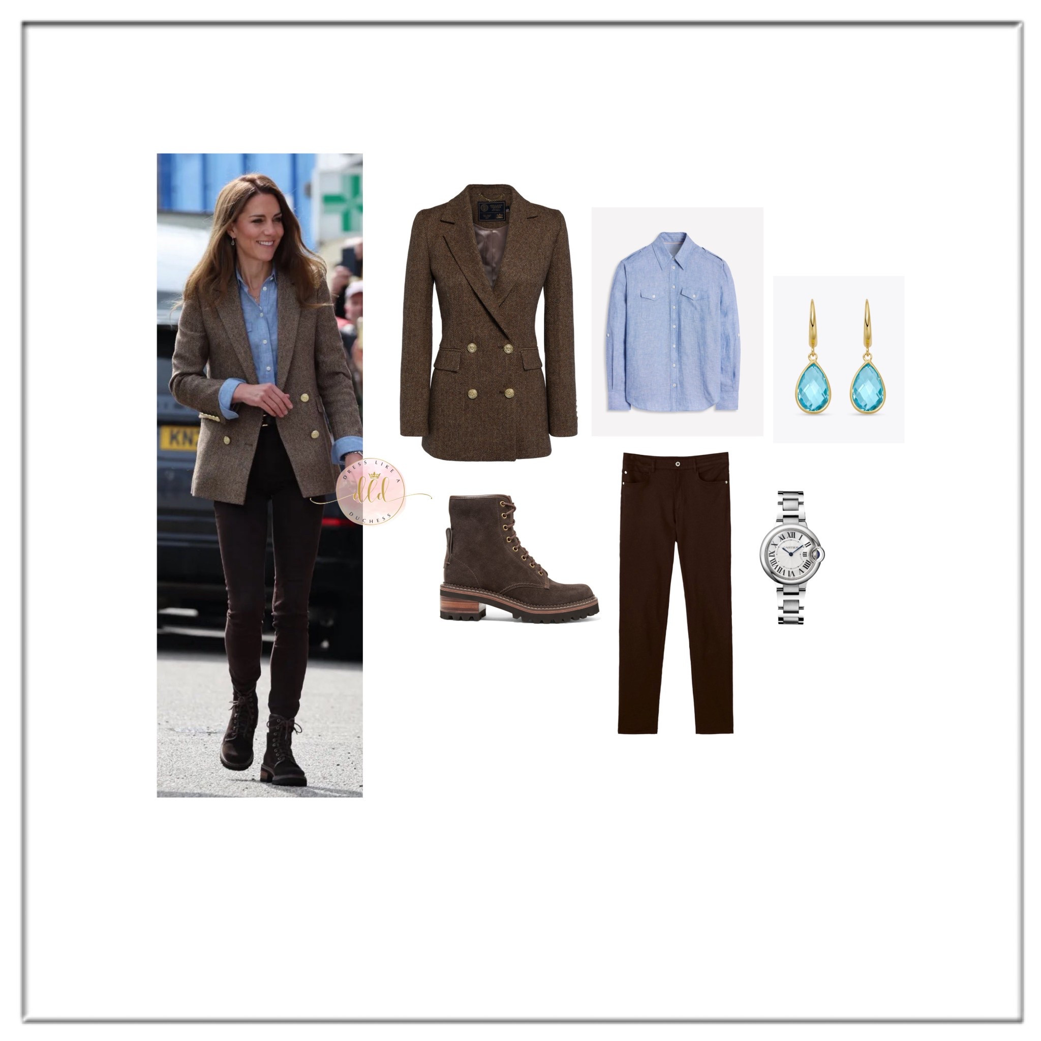 Kate Middleton on a visit to Tobermory on the Isle of Mull in Scotland April 29, 2025 wearing a Holland Coooer herringbone blazer + Boden linen shirt + Chloe combat boots + Kiki topaz teardrop earrings + Cartier Ballon Bleu watch + Massimo Dutti chocolate brown trousers 