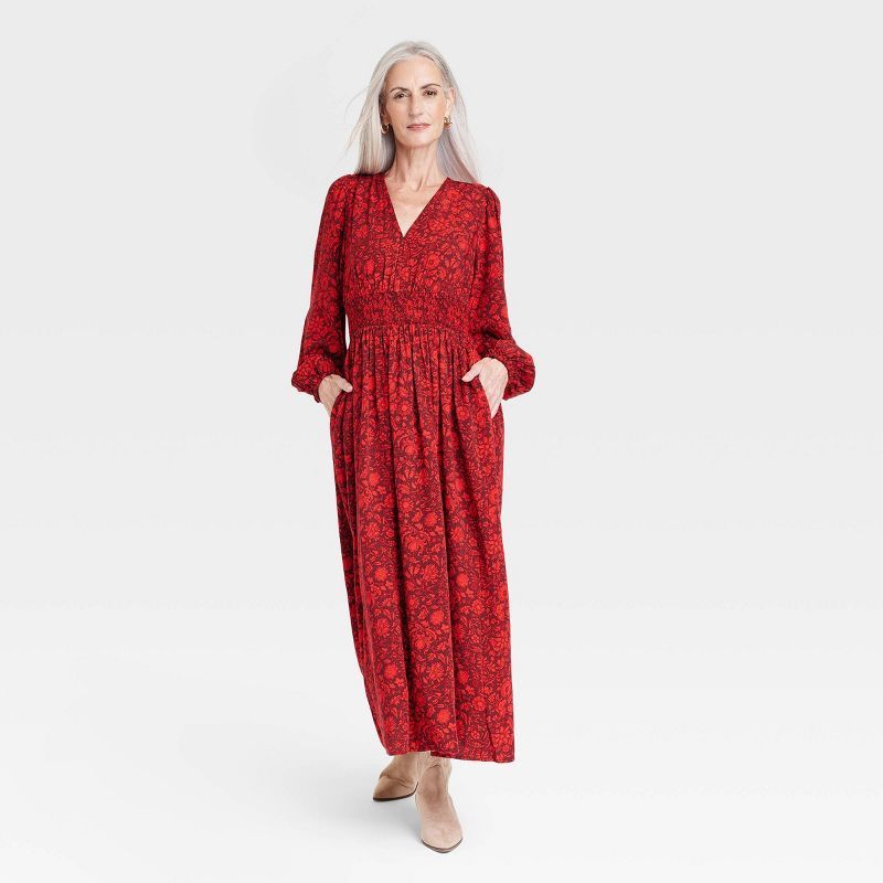 Women&#39;s Long Sleeve A-Line Dress - Knox Rose&#8482; Wine Red Floral S | Target