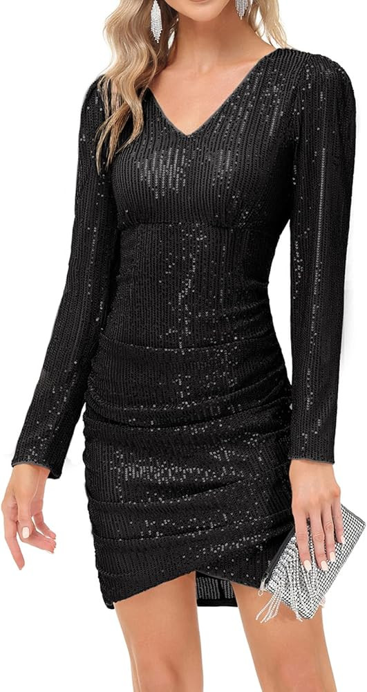 KANCY KOLE Women's V-Neck Sequin Sparkly Cocktail Dress Long Sleeve Mini Party Club Wedding Bodyc... | Amazon (US)