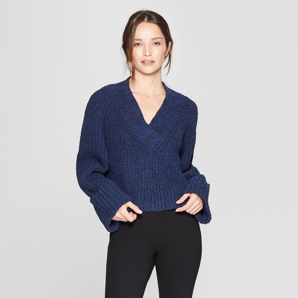 Women's Long Sleeve Wide Cuff Pullover Sweater - Prologue Navy L, Size: Small, Blue | Target