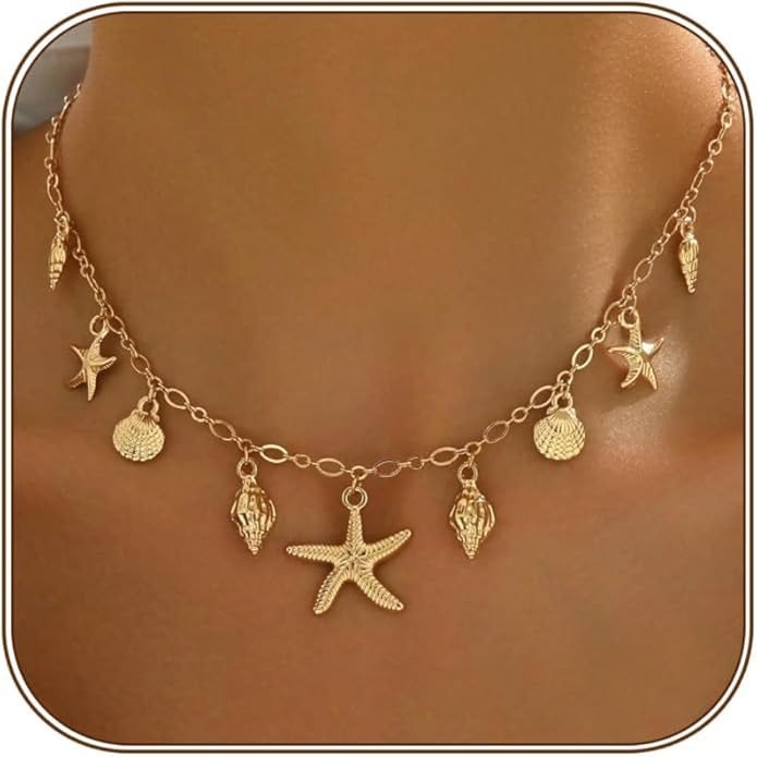 Shell Starfish Necklace for Women, 14k Gold Plated Boho Layered Beaded Charm Pendant Necklace, Da... | Amazon (US)