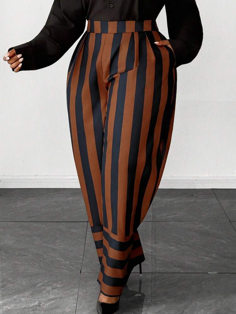 Casual Striped Elastic Waist Plus Size Pants | SHEIN