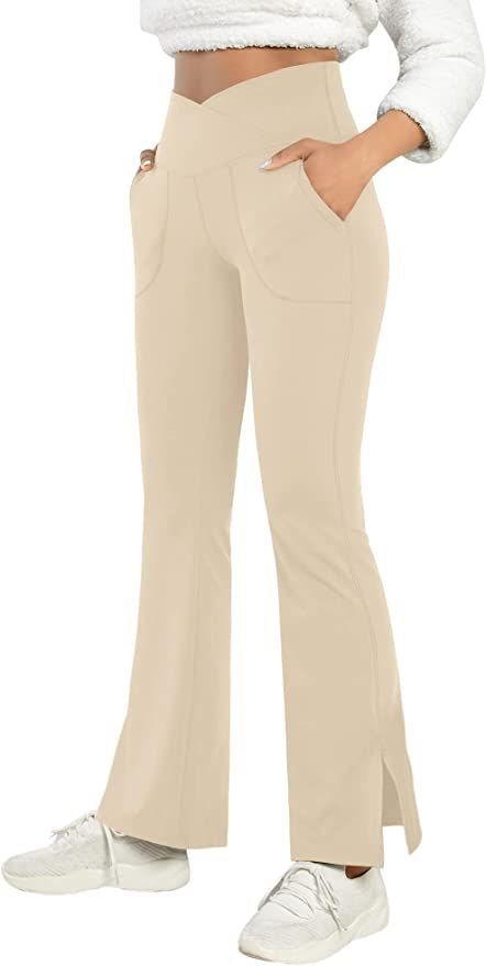 Ywyxhzha Women's Bootcut Yoga Pants V Crossover High Waisted Split Hem Flare Leggings with Pocket | Amazon (US)