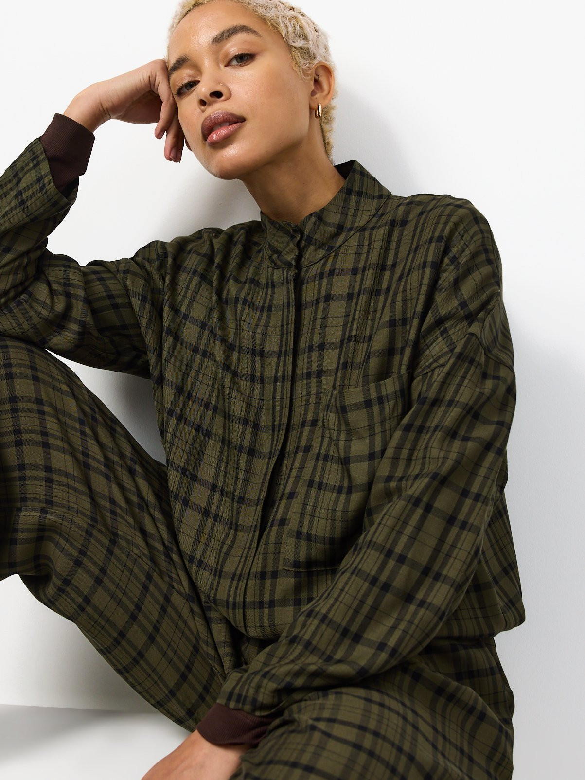 Green Check Funnel Neck Shacket | Tu Clothing