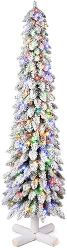 6ft Pre-Lit Snowy Flocked Pencil Christmas Tree with Colored LED Lights, Battery Operated Slim Ar... | Amazon (US)