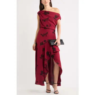 Chelsea28 Cascading Ruffle Crepe One-Shoulder Gown in Black at Nordstrom, Size Large | Nordstrom