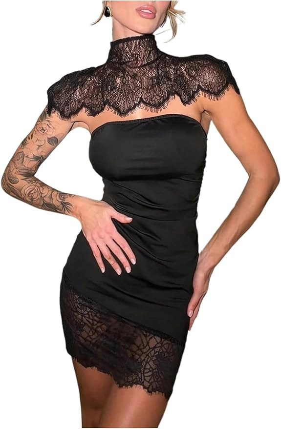NRTHYE Womens Lace Patchwork Mini Dress Sexy Wrap Turtleneck Strapless Shawl Bodycon Elegant Cock... | Amazon (US)