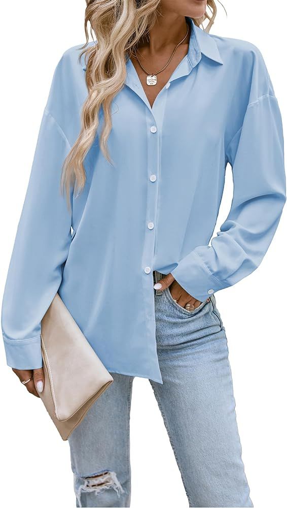 Button Down Shirts for Women Long Sleeve Collared Blouse Business Casual Tops | Amazon (US)