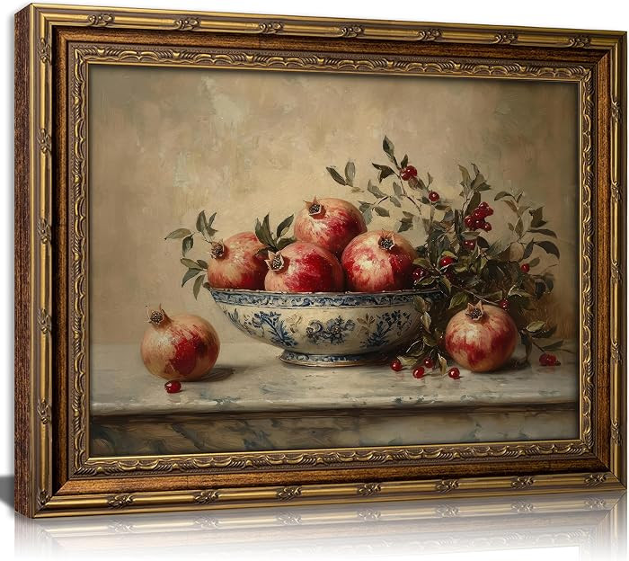 Vintage Gold Framed Pomegranate Still Life Wall Art, Moody Retro Fruit Oil Painting Canvas Print, Antique Bowl and Autumn Botanical Kitchen Wall Decor, Rustic Farmhouse Poster Artwork for Dining Room | Amazon (US)