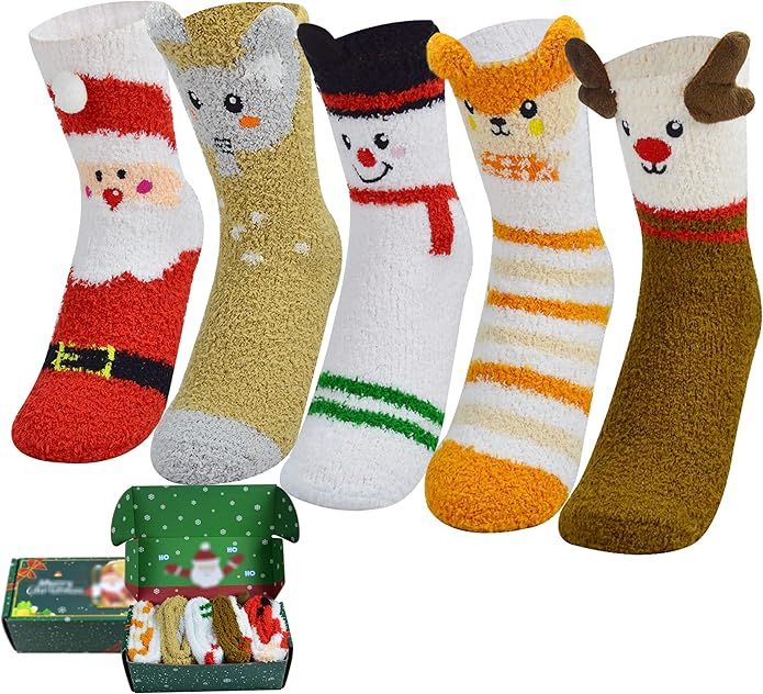 Gofriipai Christmas Fuzzy Socks Women Girls - 5 Pairs Cute Slipper Fluffy Sock with Christmas Gif... | Amazon (US)