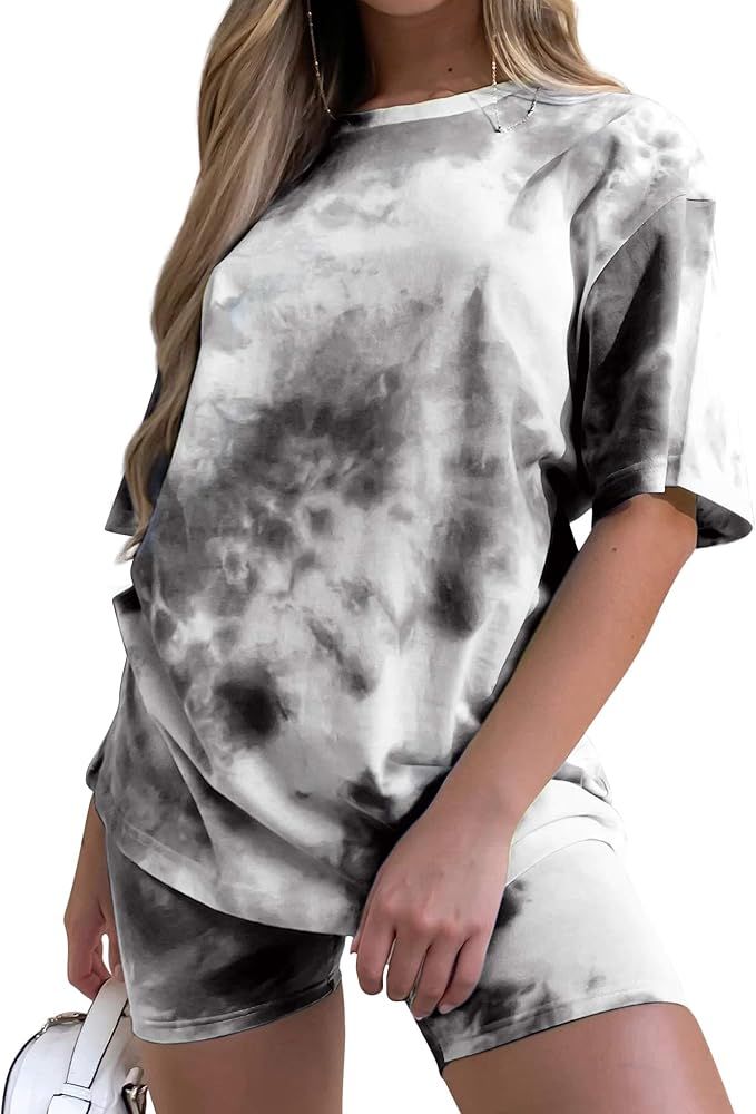 Women's Tie-Dye Set Two-Piece Outfits Summer - Casual Two Piece Short Set Short Sleeve T Shirts | Amazon (US)