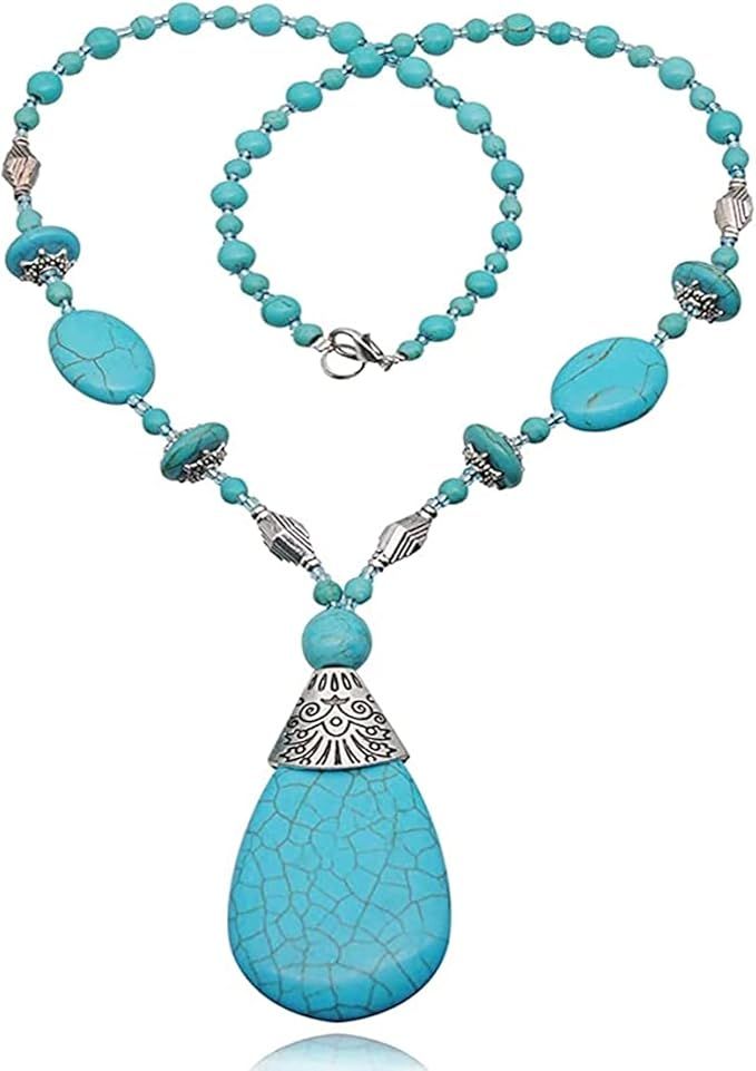 Diguagao 3 Pieces Bohemian Turquoise Necklace for Women Western Jewelry Set Boho Turquoise Pendan... | Amazon (US)