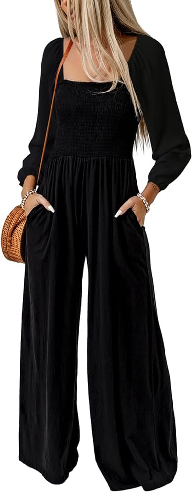 Happy Sailed Womens Loose Casual Jumpsuits Overalls One Piece Long Sleeve Wide Leg Long Pant Romp... | Amazon (US)