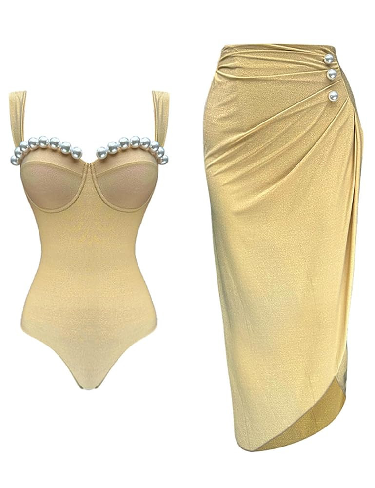 FLAXMAKER Black Double Shoulder Straps Chest Pearl One Piece Swimsuit and Skirt | Amazon (US)