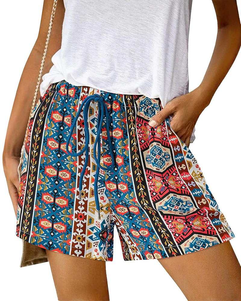 BTFBM Womens Boho Summer Shorts Beach Vacation Clothes 2025 Elastic Waist Casual Printed Loose Sh... | Amazon (US)