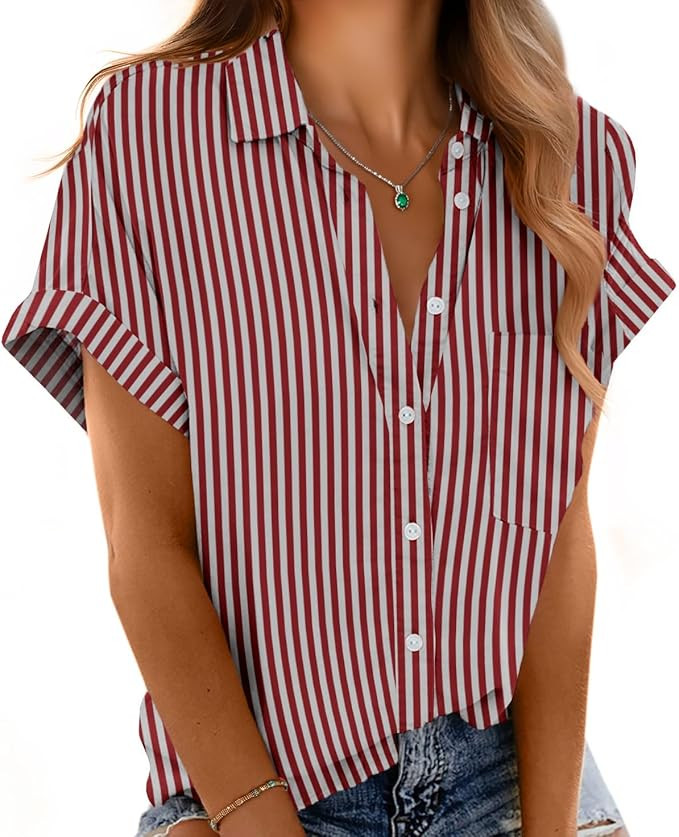Short Sleeve Shirts for Women V Neck Loose Collared Button Down Shirt Casual Summer Tops with Poc... | Amazon (US)