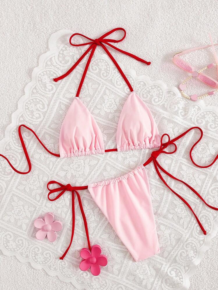 Swim Mod 2er/Set Neues Sommer Einfarbiges Sexy R\u00fcckenfreies Neckholder-Bindeband Damen Badea... | SHEIN
