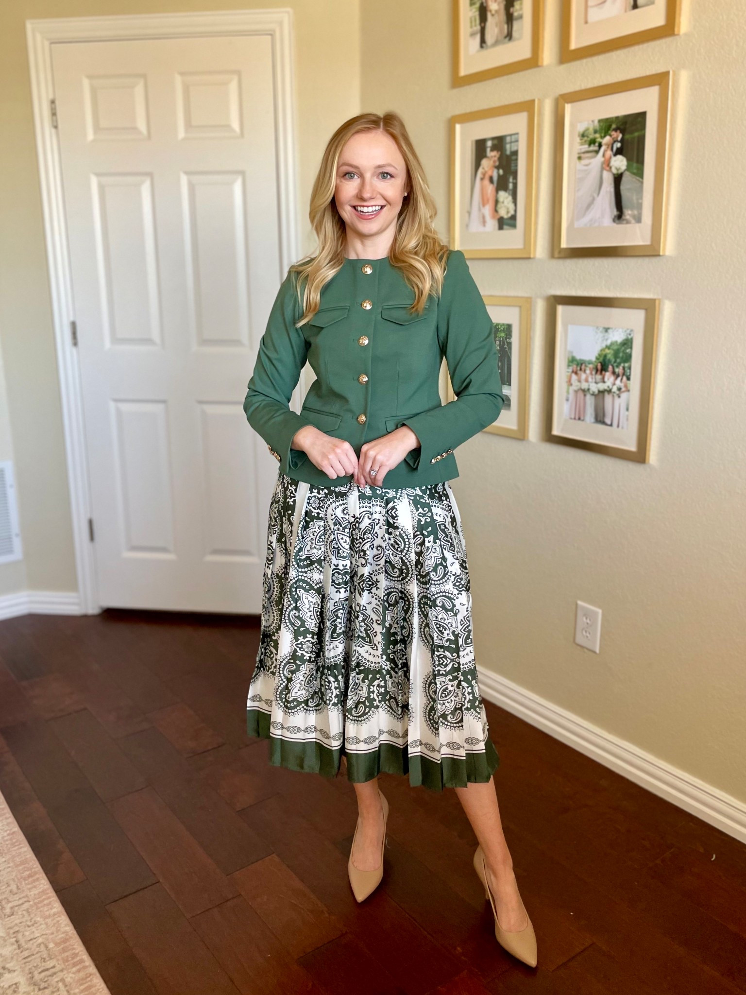 LOVING this green workwear look! This jacket is so classic and the print on the skirt is so fun. Wearing a 0P in both 

#LTKWorkwear #LTKSeasonal #LTKPetite