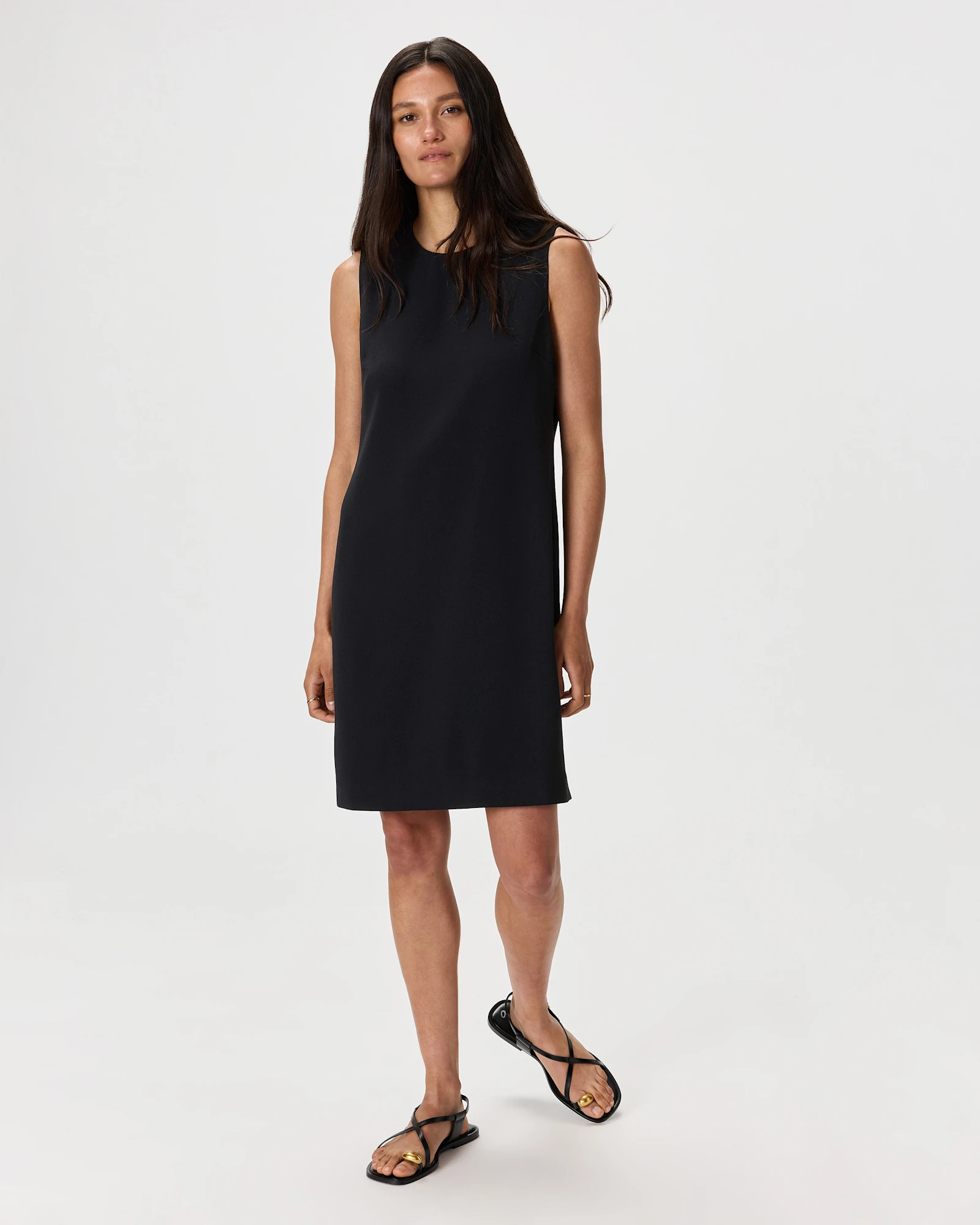 Fluid Crepe Sleeveless Shift Dress in Black | Quince
