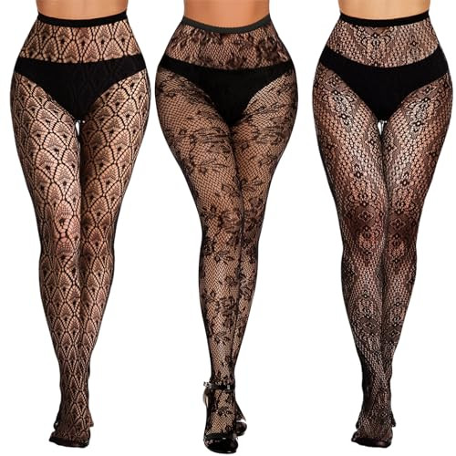 Buauty 3 Pairs Lace Patterned Fishnet Tights for Women, Black Fishnets Leggings Lace Tights with Designs for Women, Floral Stockings Small Hole Pattern Leggings Net Pantyhose | Amazon (US)